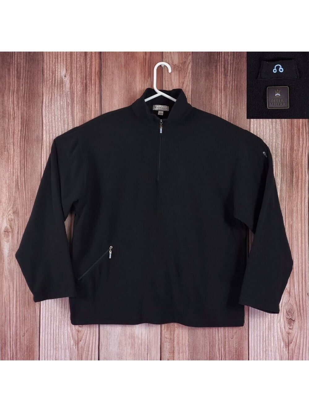 Peter Millar Mens Size Large Black Fleece 1/4 Zip Pullover Zip Pockets Headphone